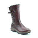A view of a tall burgundy fur-lined boot on a white background
