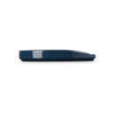 A side view of a dark blue coloured oval spoon rest.