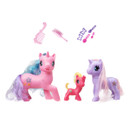 Pink, purple, and red unicorn family toy figures with flowing manes, shown with combs and hair accessories.