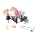 Magical Kingdom Pony Playset contents including blonde doll, white pony with pink bridle and saddle, stable fence, feeding bucket, and grooming tools.