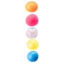 Set of five Oh So Sensory squish balls in assorted designs including spiky orange, textured pink, clear with beads, yellow glitter, and solid blue.