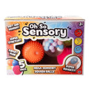 Close-up of Oh So Sensory Mega Squish Balls box showing orange spiky ball, clear ball with foam beads, and pink textured squishy ball.