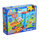 Tiny Teamsterz City Garage box showing working lift feature, colourful ramps, and collectible soft-touch cars.