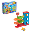 Tiny Teamsterz City Garage playset in packaging, featuring multi-level ramps, parking sign, and soft-touch toy car for ages 1–4.