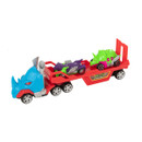 Red transporter truck with blue rhino cab carrying purple and green dinosaur vehicles.