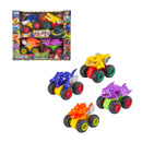 Teamsterz Beast Machines Power Jaws 4-pack toy cars with dinosaur monster truck designs in bright colours, including blue, yellow, orange, and purple vehicles.