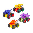 Set of four Teamsterz Beast Machines Power Jaws toy monster trucks featuring dragon and dinosaur designs in blue, yellow, orange, and purple.