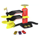 Teamsterz Park and Drive Garage toy set with yellow, purple and red die-cast cars, featuring working elevator and ramps.