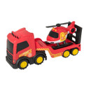 Bright red Teamsterz fire transporter truck carrying a toy helicopter with yellow wheels and detailing.