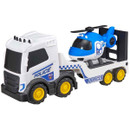 White police transport lorry toy carrying a blue police helicopter, featuring yellow wheels, police decals and a sturdy plastic design on a plain background.