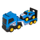 Blue toy police transporter truck with a matching police car loaded on the rear platform, featuring chunky yellow wheels, bold police graphics and a sturdy plastic construction for imaginative play.