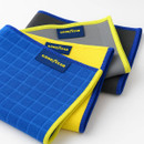 A 4 piece pack of microfibre car cleaning cloths on a white background