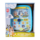 Bluey My First Tablet toy in packaging, featuring interactive buttons and playful graphics for children aged 6 months and up.