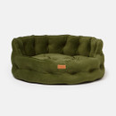Empty Joules Chesterfield dog bed in green with deep padded cushion and sides.
