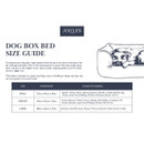 Joules dog bed size guide chart with dimensions and suggested breeds.