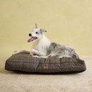 Large grey and white dog relaxing on Joules Henson check dog mattress