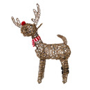 A side view of a wicker light up reindeer on a white background