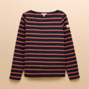 Flat lay of a women’s long sleeve Breton top with navy, mustard and pink stripes, by Joules.