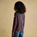 Back view of a navy striped long sleeve top with mustard and pink stripes, paired with relaxed blue jeans.
