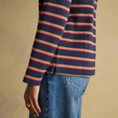 Close-up of the hem and sleeve of a navy striped long sleeve top with side split detail, worn with blue jeans.
