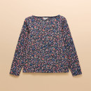 Flat lay of a women’s long sleeve top in navy with an all-over ditsy floral print in pink, blue and green, by Joules.