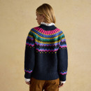 Back view of Charlie Fairisle navy jumper showing multicoloured patterned knit across shoulders.