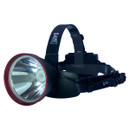 Headlamp with a wide, reflective lens and adjustable black strap. A coiled cord connects to a battery pack. The red rim adds a sleek detail.