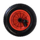 Pneumatic wheel with black rubber tyre, red hub and black valve fitting attached near the centre.