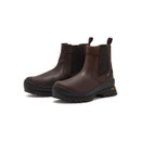 Brown leather Chelsea boots with black Vibram soles.
