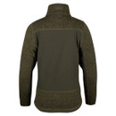 Rear view of women’s green hybrid jacket showing knitted sleeves, shoulders and hem with a contrasting back panel.