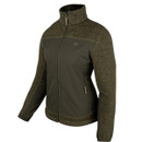 Angled view of women’s green hybrid jacket featuring a high collar, full zip fastening and zipped side pockets.