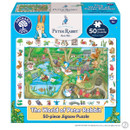 The image shows a colourful 50-piece jigsaw puzzle box featuring "The World of Peter Rabbit" by Beatrix Potter. The illustrated scene includes Peter Rabbit and friends near a pond with lush greenery. The playful design and vibrant colours evoke a cheerful and whimsical tone. Suitable for ages 4 and up. The image shows a colourful 50-piece jigsaw puzzle box featuring "The World of Peter Rabbit" by Beatrix Potter. The illustrated scene includes Peter Rabbit and friends near a pond with lush greenery. The playful design and vibrant colours evoke a cheerful and whimsical tone. Suitable for ages 4 and up.