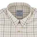 Close-up of cream checked shirt collar showing the Jack Pyke of England garment label and button fastening.
