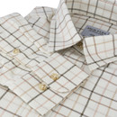 Close-up of folded cream checked shirt showing pointed collar, buttons and fine brown check design.