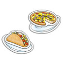 Illustration of a taco and pizza slice on plates. The taco has colourful veggies, and the pizza is topped with mushrooms and olives, creating a playful tone.