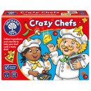 "Colourful 'Crazy Chefs' game box featuring two smiling chefs in stained outfits, holding a pot and pan. Ingredients like cheese and tomatoes float around. Fun and playful design."