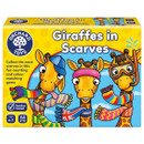 Box for "Giraffes in Scarves" by Orchard Toys. Three cheerful giraffes wear colourful scarves and hats. Bright, playful design with a fun vibe.