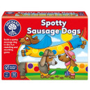Colourful board game box titled "Spotty Sausage Dogs" by Orchard Toys. Features cartoon sausage dogs in playful outfits and detective theme, vibrant polka dots.
