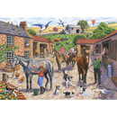 Stable Yard jigsaw puzzle illustration showing horses, riders, dogs, chickens, and farm life in a countryside stable yard.