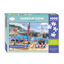 Otter House Harbour Scene 1000 piece jigsaw puzzle by Nick Watton, eco-friendly box with seaside artwork of boats and children playing on the beach.