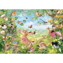 Wildlife Haven jigsaw puzzle artwork featuring a vibrant meadow scene with a hare, deer, hedgehog, butterflies and a variety of garden birds including robins, goldfinches, blue tits and bullfinches among flowers.
