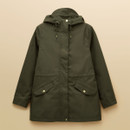 Women’s Portwell coat in green grapeleaf with hood and front button fastening, laid flat on beige background.