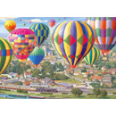 Colourful hot air balloon festival jigsaw puzzle showing vibrant balloons floating over an English village with trains, canal boats and countryside scenery.