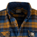 Close-up of a blue and mustard checked shirt collar showing the soft fabric, inner navy lining and branded neck label.