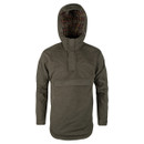 Front view of an olive green hooded pullover jacket with the hood raised, showing a checked tartan lining.