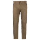 Front product view of brown slim-fit trousers featuring belt loops, side pockets and button fastening.