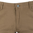 Close-up front view of brown trousers showing the waistband, button fastening, belt loops and zip fly.