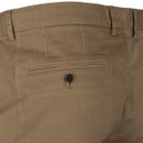 Close-up rear view of brown trousers featuring a buttoned welt pocket and belt loops.