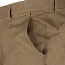 Close-up of brown trousers showing the slanted side pocket, waistband and belt loop detailing.