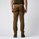 Rear view of a man wearing brown trousers featuring back pockets, belt loops and a branded waistband patch.